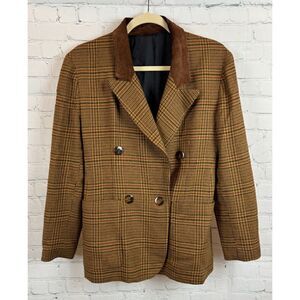 FORENZA vintage beige wool blend leather suede collar houndstooth check jacket 4